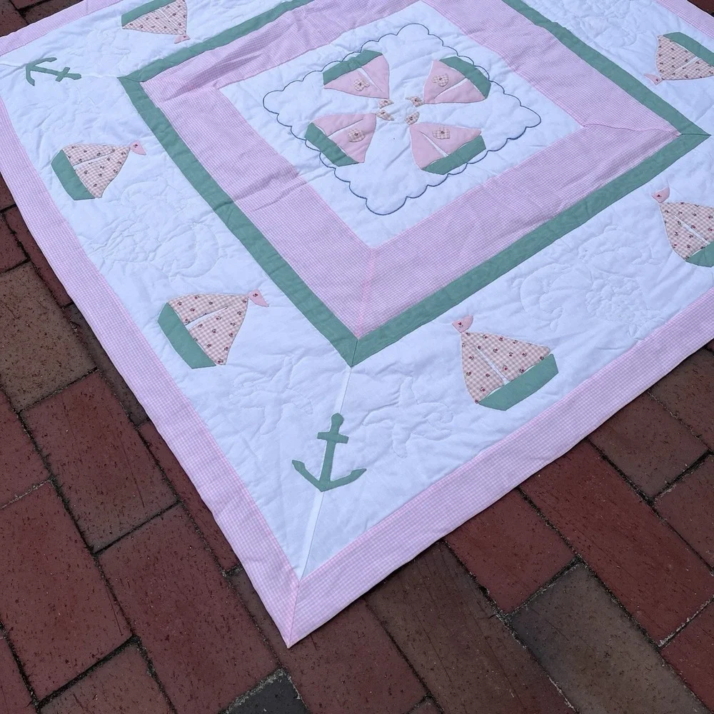 Handmade Sailboat Girls Crib Quilt, Green, White, Pink, One Of A Kind 42